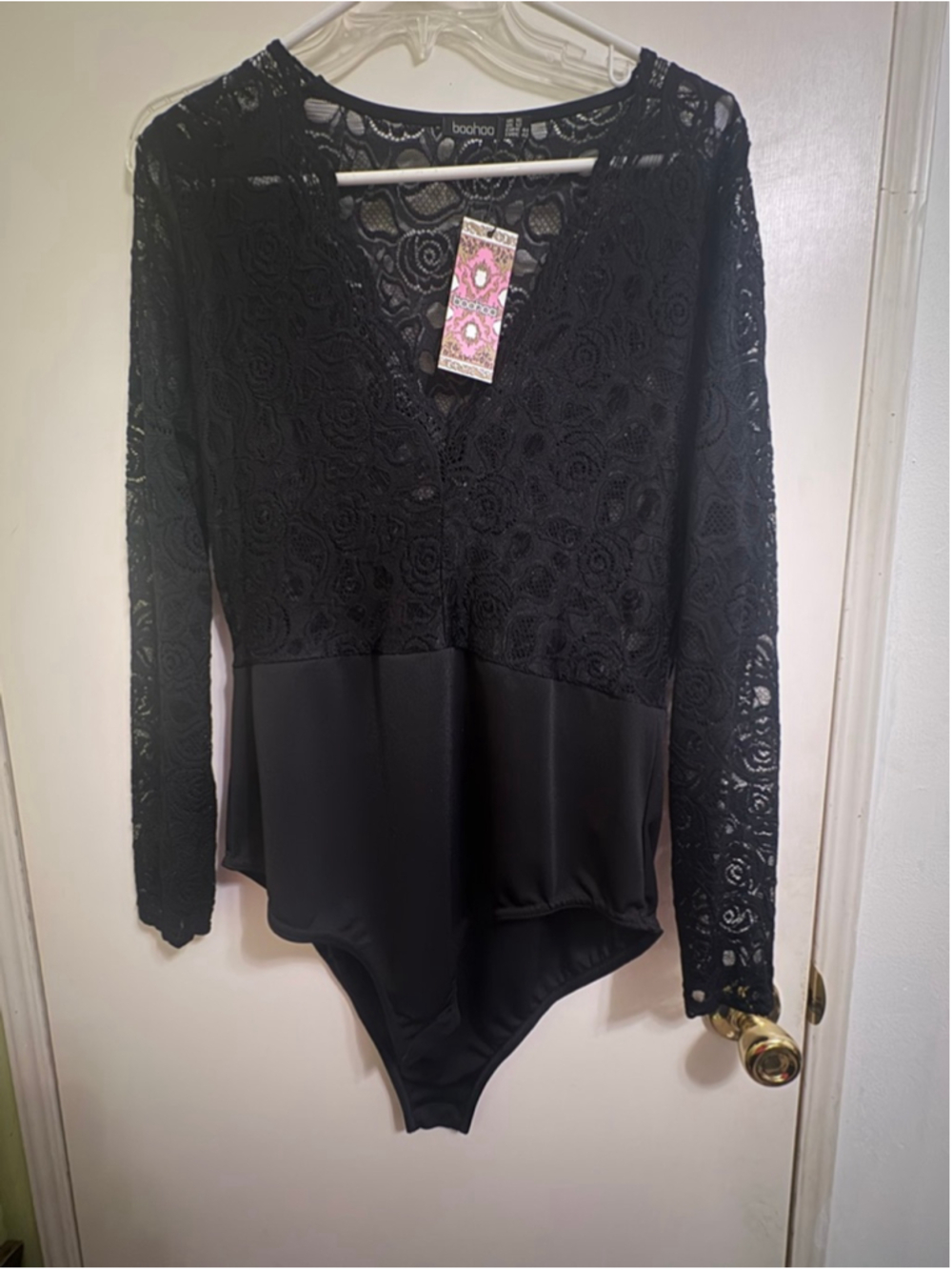 Women's Boohoo Black Lace Long Sleeve Bodysuit Plus Size 12